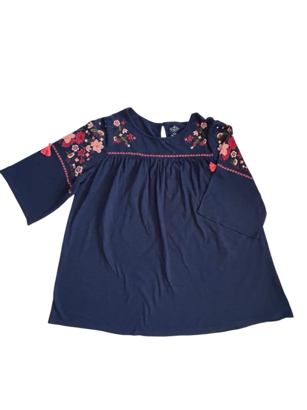 St. John's Bay Navy Tunic, Pink & Red Floral Embroidery, 3/4 sleeve, Tassels XXL - Picture 6 of 9